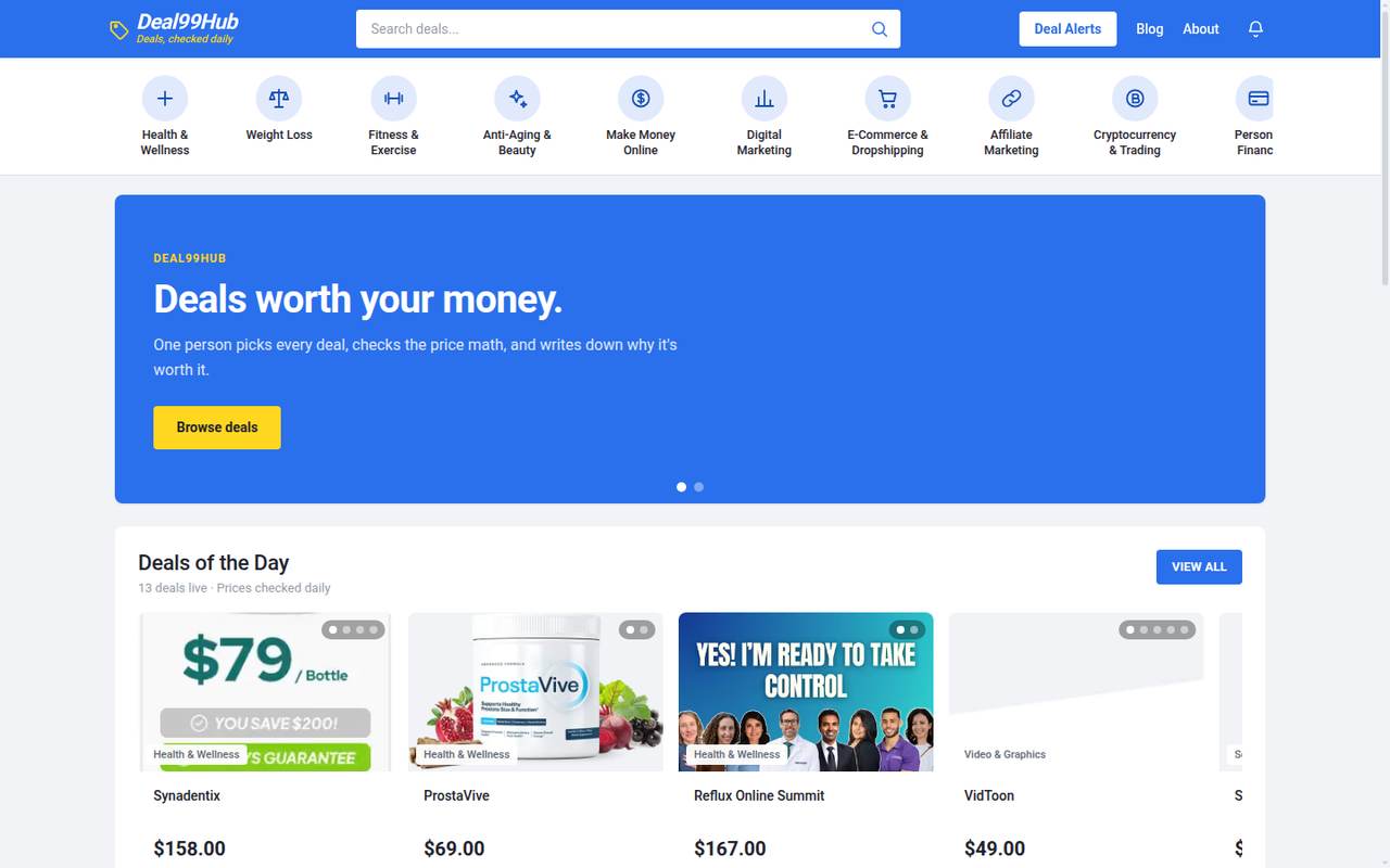 Deal99Hub homepage with deals of the day