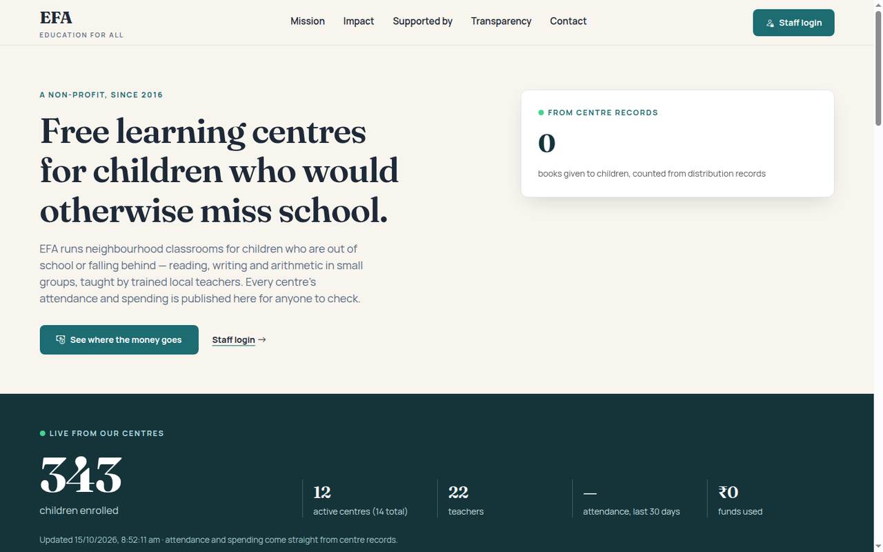 EFA public dashboard with live centre statistics