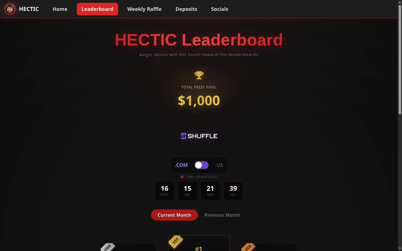 Hectic Gambles leaderboard page with prize pool and countdown