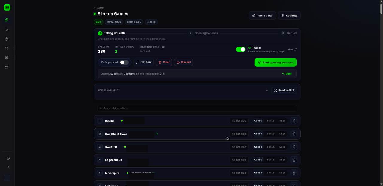 StreamGames slot-call hunt management