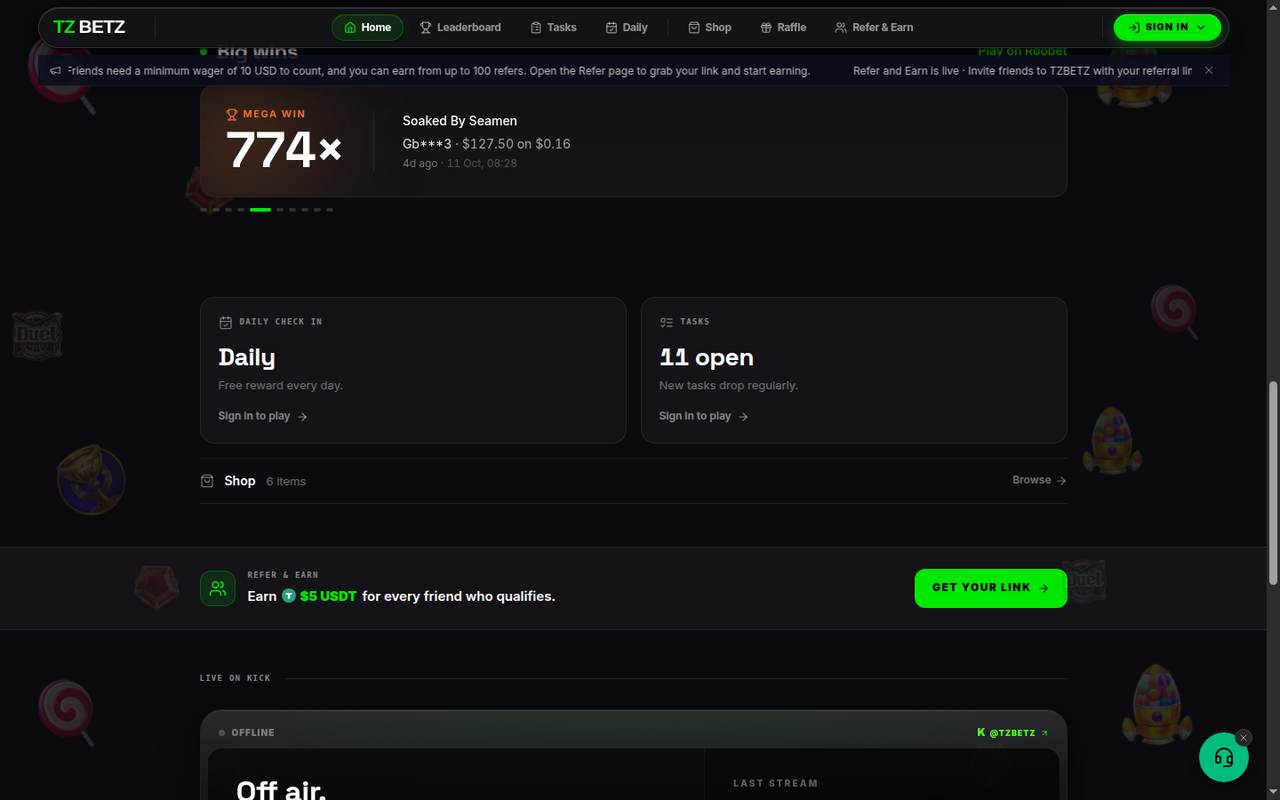 TZBETZ daily tasks, shop and referral sections